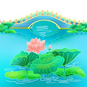国潮风优美古风池塘荷花荷叶古桥