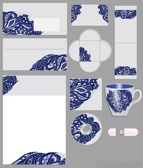 青花瓷风格文具与茶具套装