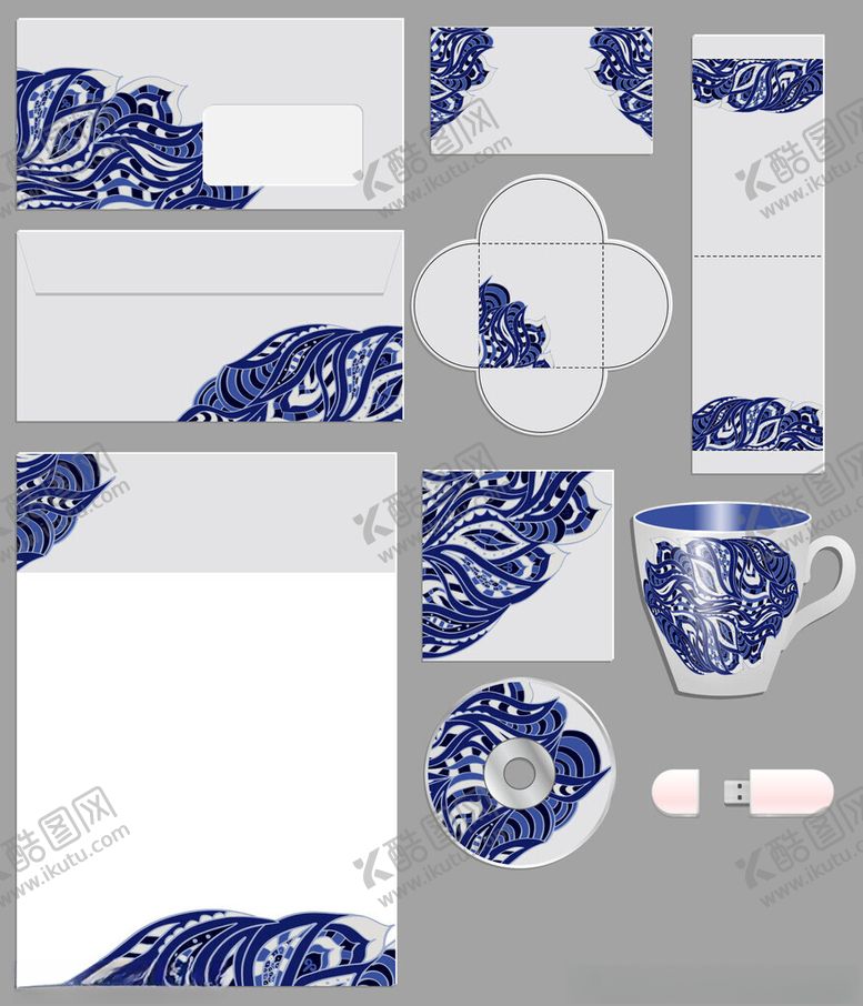 编号：34441904050547524317【酷图网】源文件下载-青花瓷风格文具与茶具套装