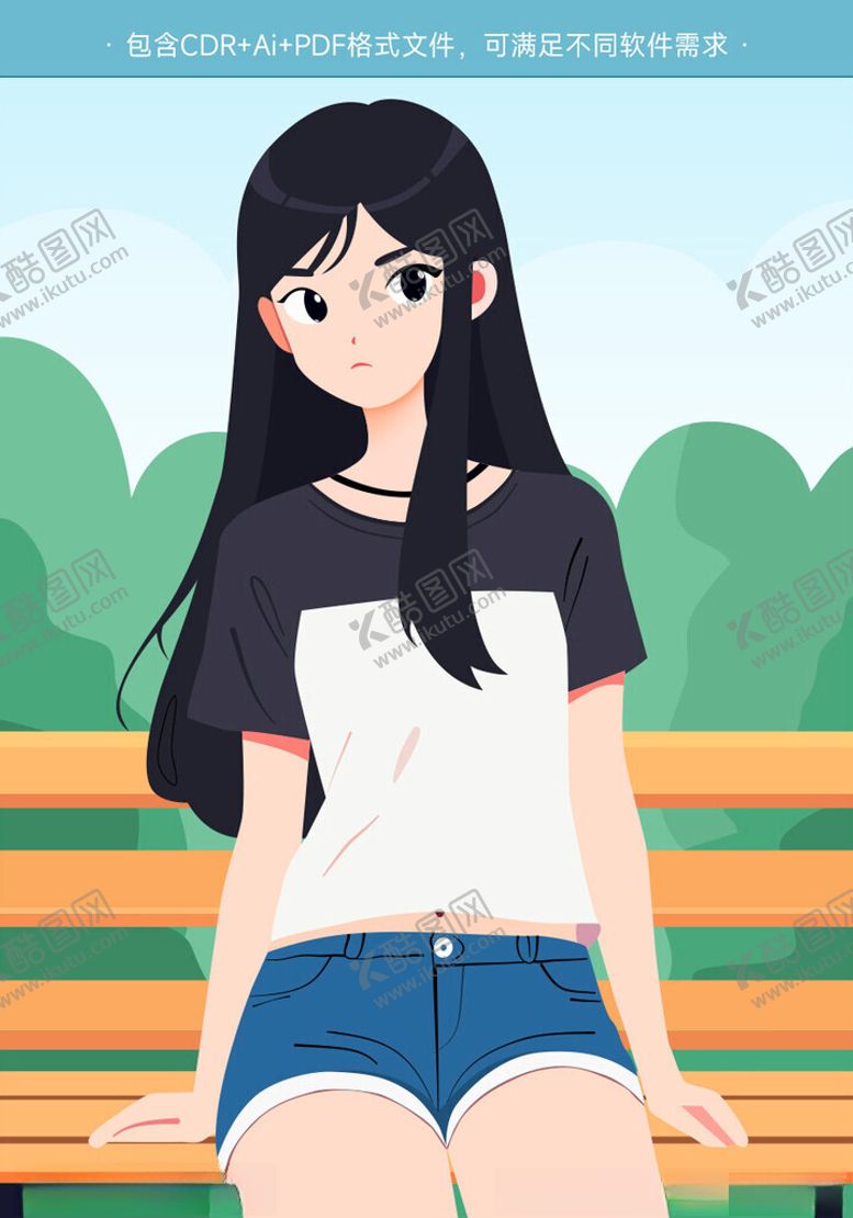 编号：25273501311241017424【酷图网】源文件下载-长椅卡通女孩