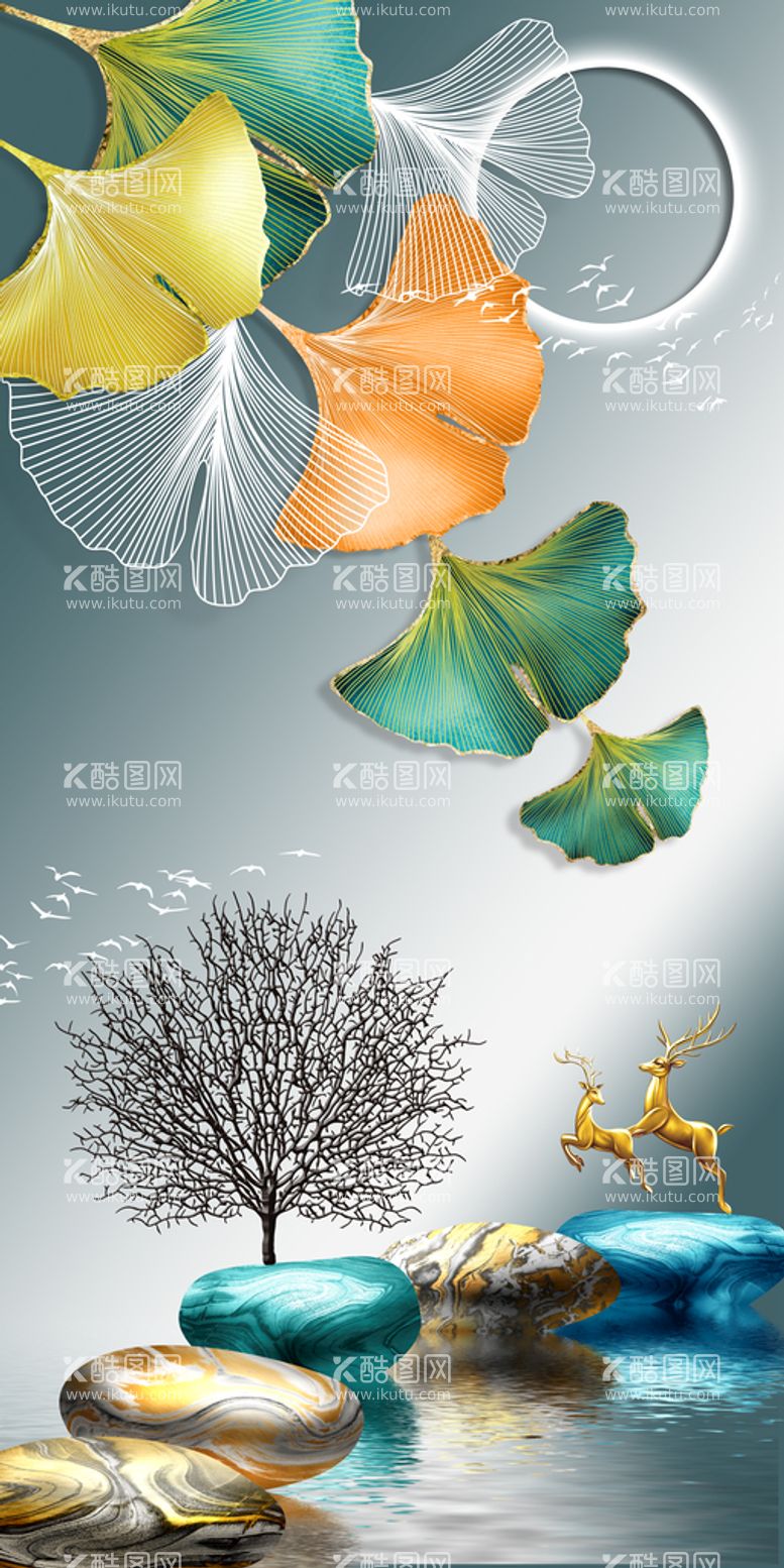 编号：10382709211113558534【酷图网】源文件下载-金色麋鹿发财鹿装饰画