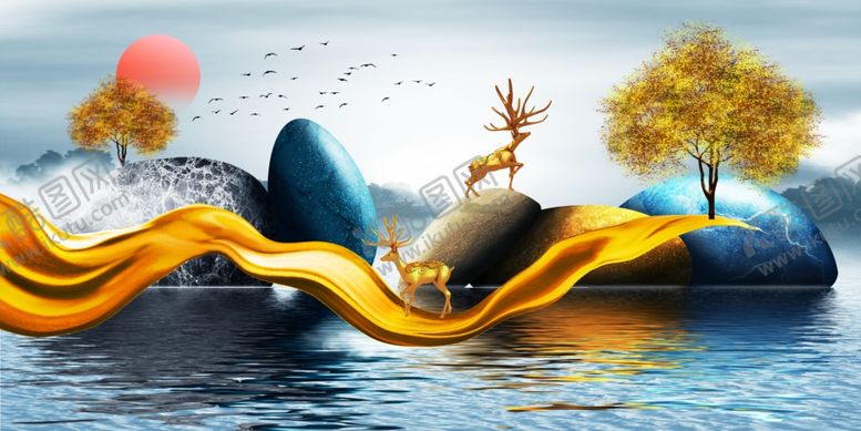 编号：40615609261546598716【酷图网】源文件下载-轻奢山水装饰画