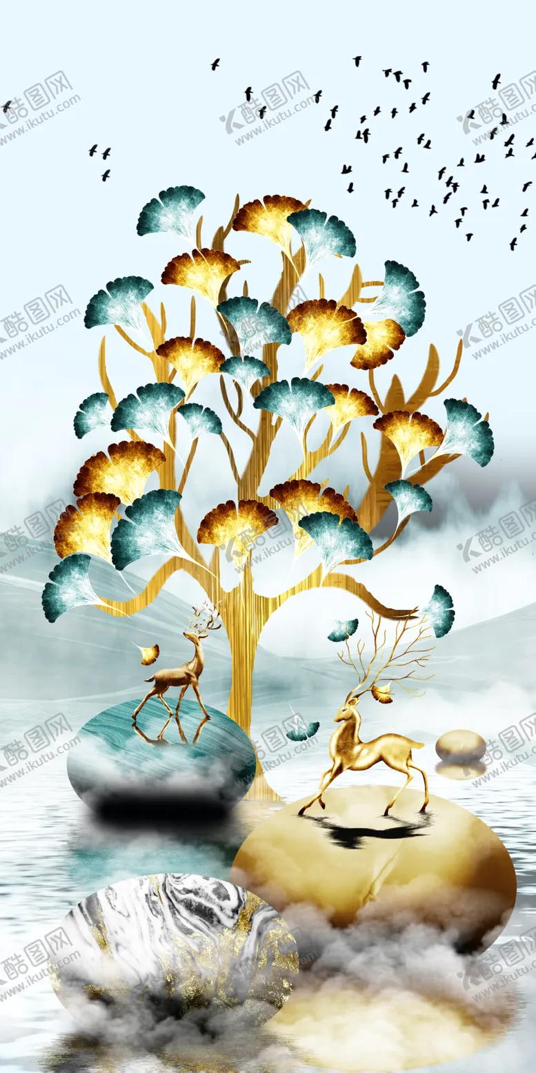 编号：96034706281720596754【酷图网】源文件下载-银杏叶抽象麋鹿风景装饰画
