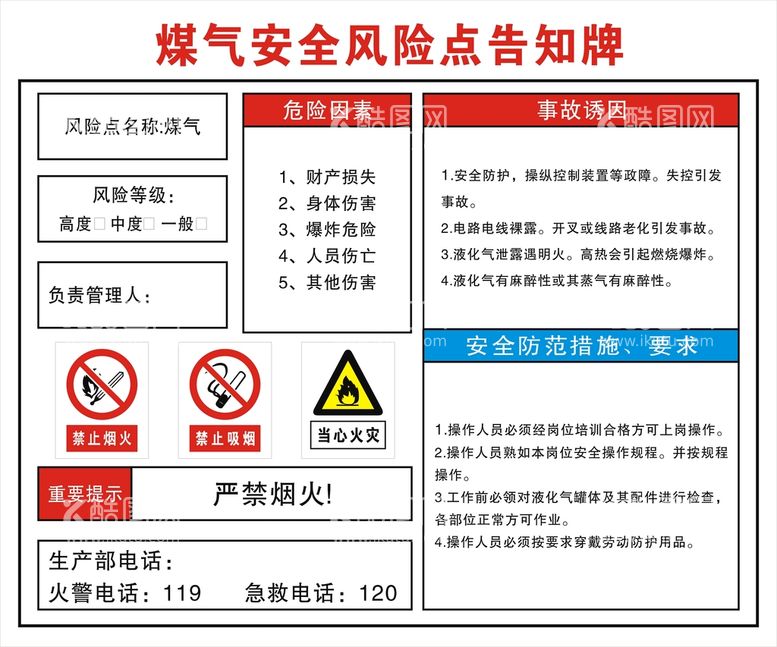 编号：24491312011942487244【酷图网】源文件下载-煤气安全风险点告知牌