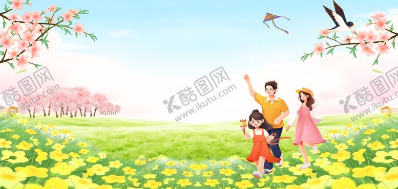 编号：86305704042113464304【酷图网】源文件下载-春日趣赏花女孩绿色渐变背景