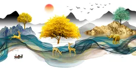 金色麋鹿意境山水装饰画沙发发财抽象玄关抽象线条