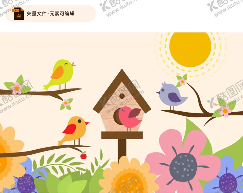 编号：23087909132034386493【酷图网】源文件下载-卡通春季鸟和花卉矢量素材鸟屋树枝