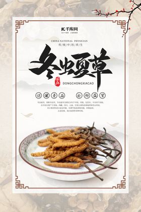 冬虫夏草白色中国风海报