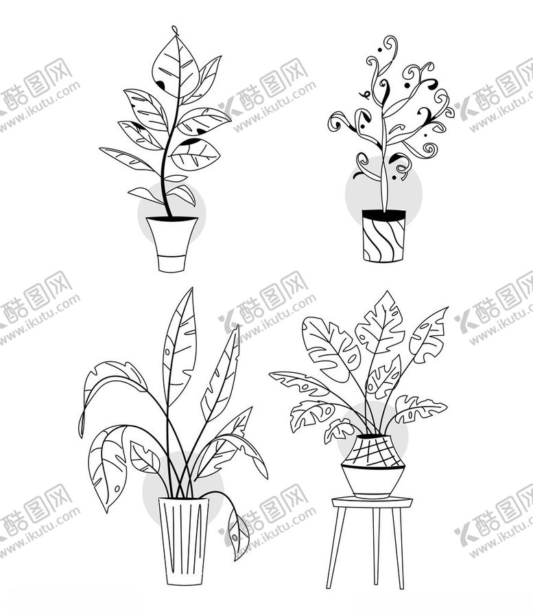 编号：71151002271113054607【酷图网】源文件下载-黑白线描花卉盆栽矢量元素