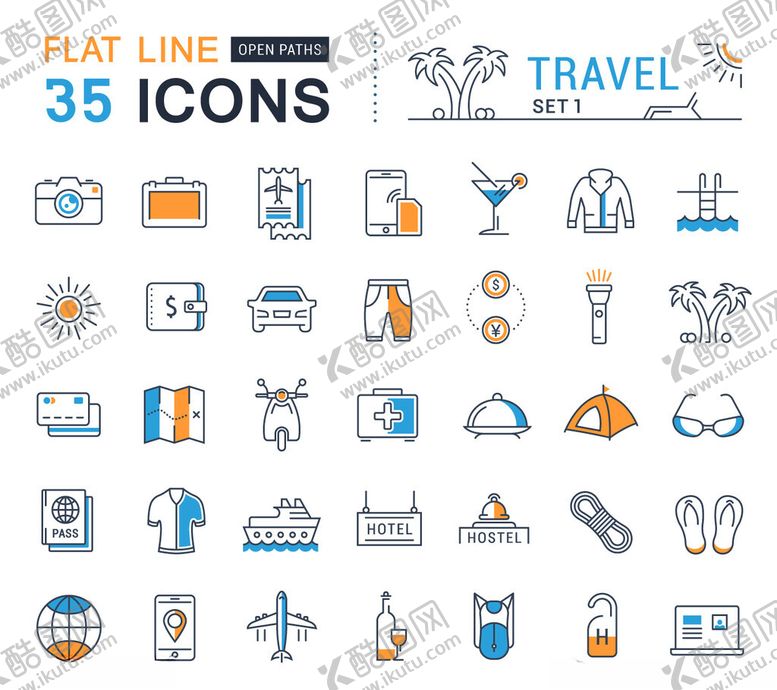 编号：90011912191500361853【酷图网】源文件下载-旅行相关扁平线条图标集