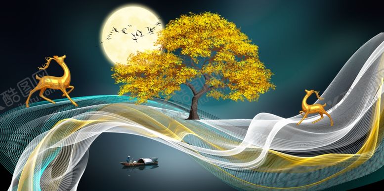 编号：38281310211522175194【酷图网】源文件下载-现代轻奢抽象发财树麋鹿晶瓷画