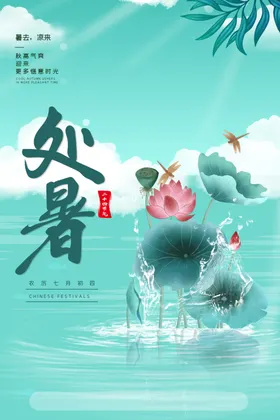简约复古水面池塘荷花处暑海报