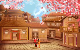 樱花木建筑城市国风插画背景素材
