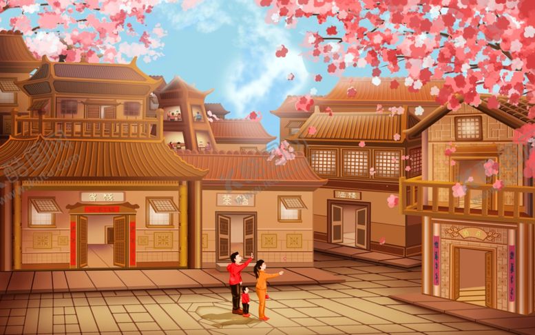 编号：26073309280659431828【酷图网】源文件下载-樱花木建筑城市国风插画背景素材