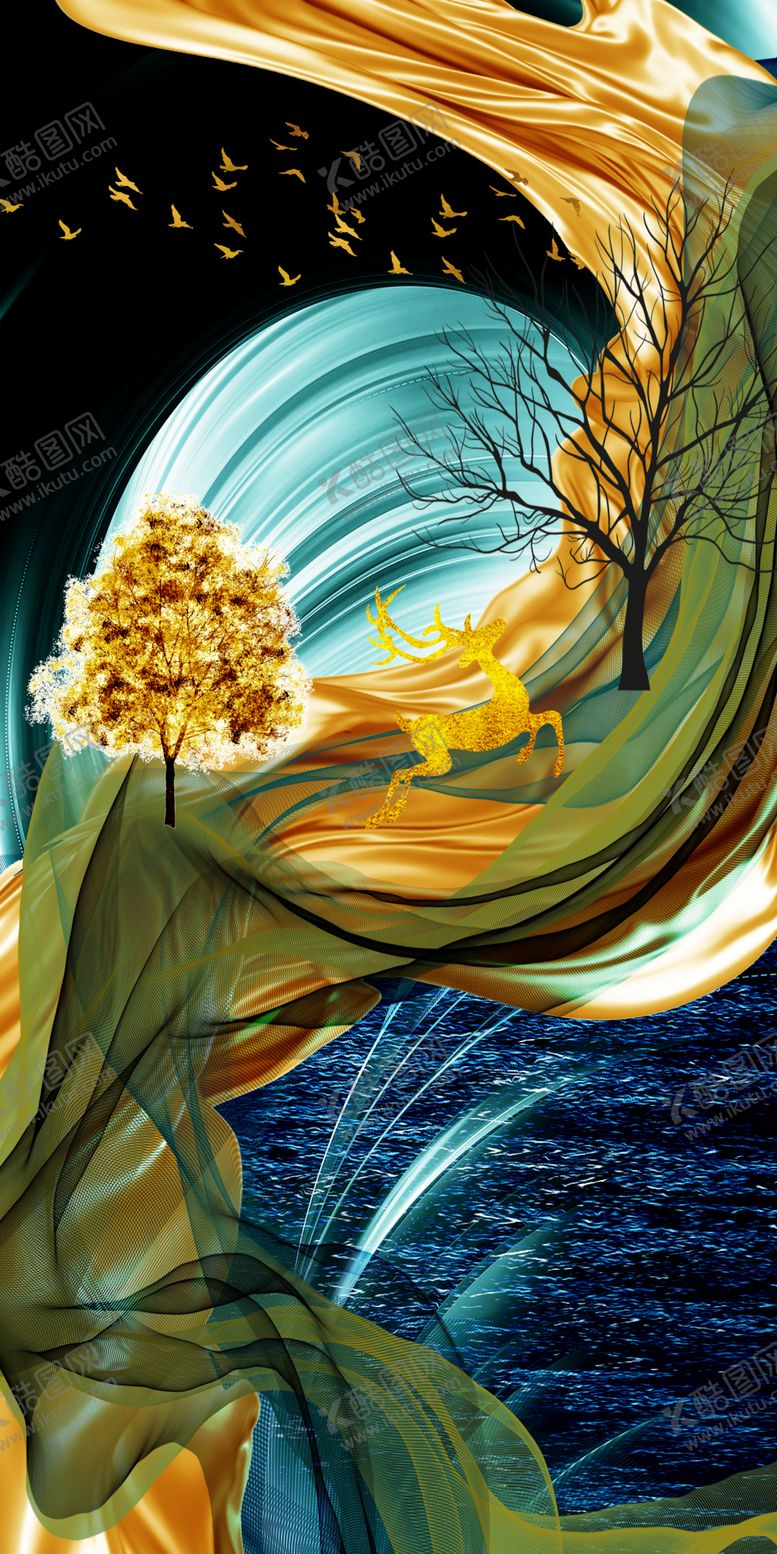 编号：81293610151408038591【酷图网】源文件下载-抽象金箔金色绸带金色麋鹿装饰画