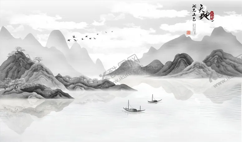 编号：12467605090821172185【酷图网】源文件下载-水墨山水小船背景墙