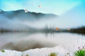 水墨山水简约花鸟背景客厅装饰画新中式手绘墙壁