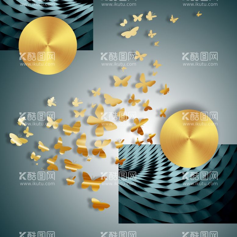 编号：59788711260715116512【酷图网】源文件下载-金箔蝴蝶水彩几何挂画装饰画