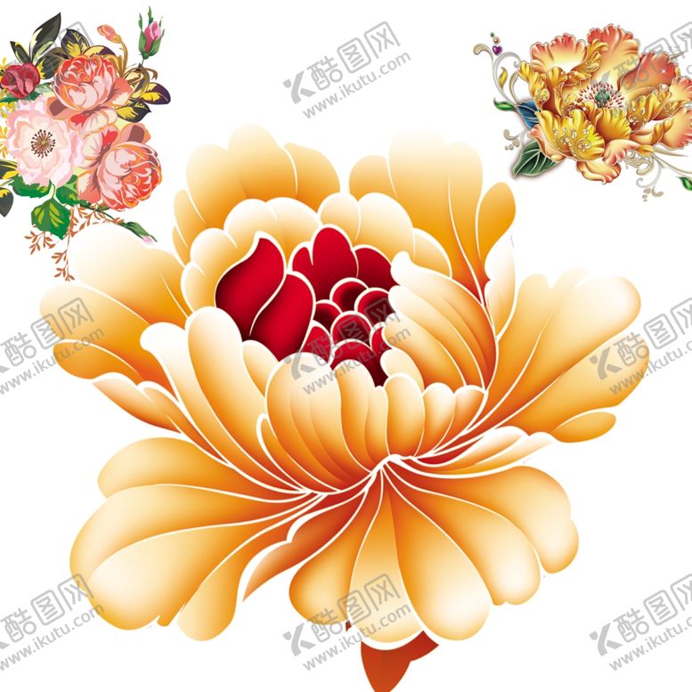 编号：39432310280558566131【酷图网】源文件下载-国画牡丹花红花金色花