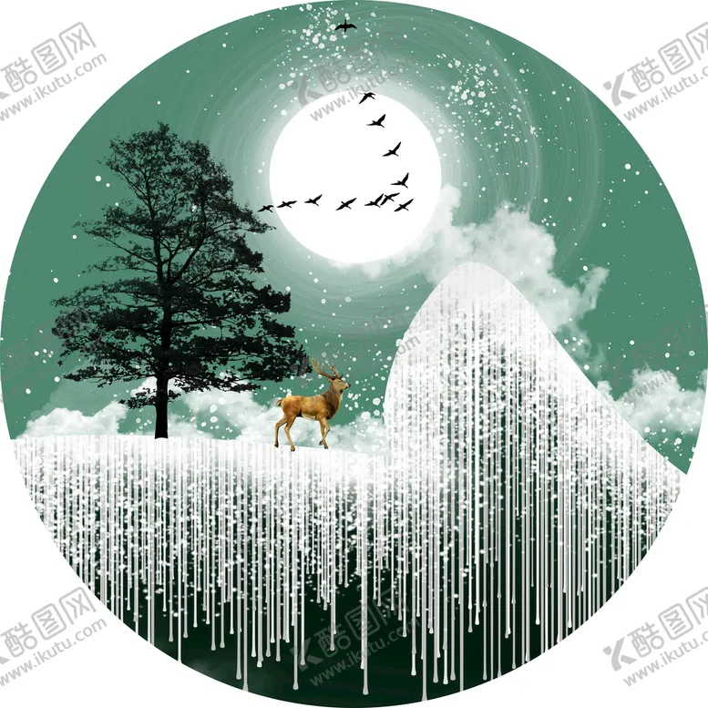 编号：76214009170928090321【酷图网】源文件下载-水彩山脉麋鹿圆形挂画装饰画