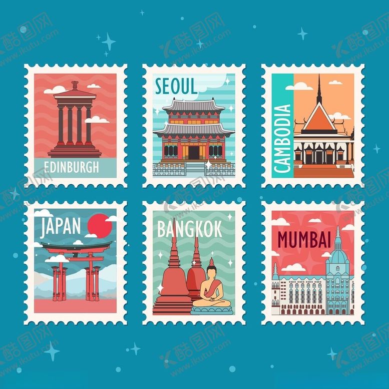 编号：13091111180108356115【酷图网】源文件下载-世界著名建筑邮票图案