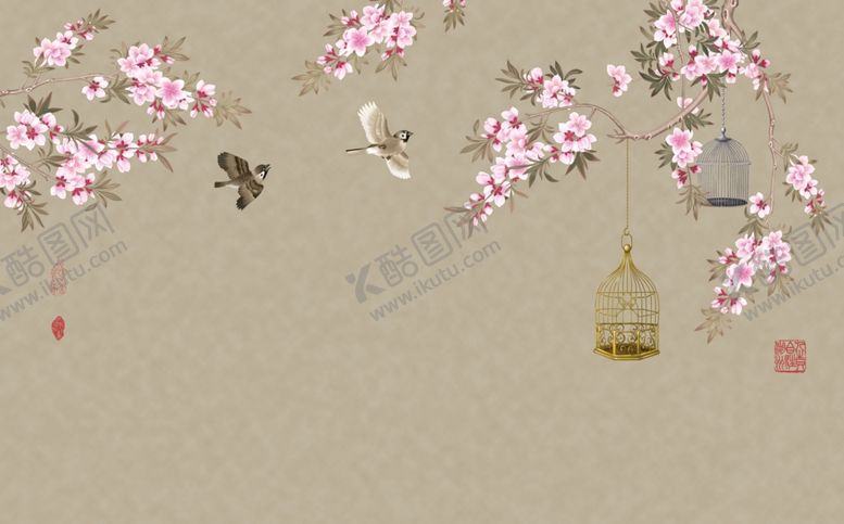 编号：87405709190146276691【酷图网】源文件下载-花鸟画手绘画鸟梅花背景墙