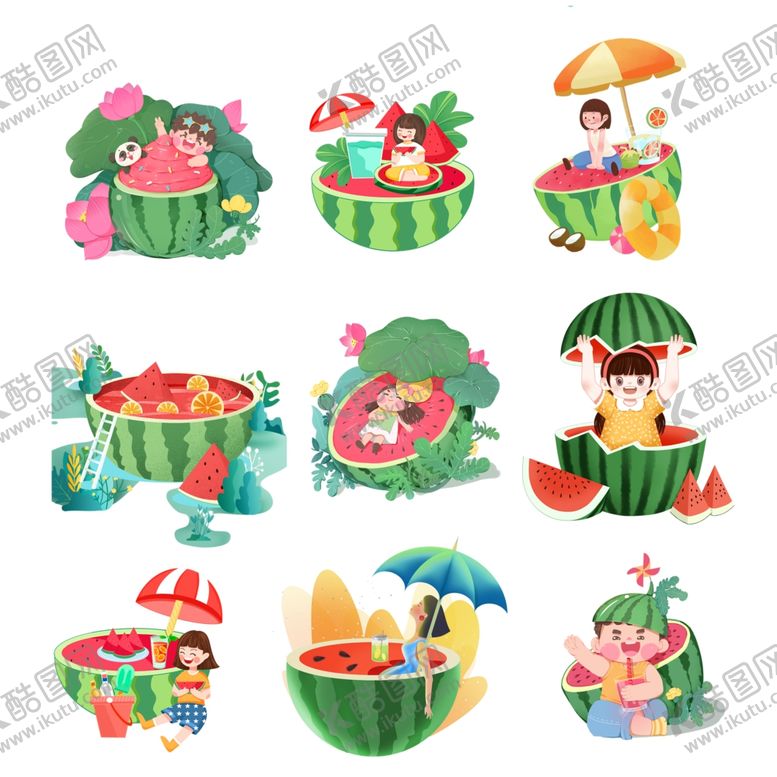 编号：80430406280140058703【酷图网】源文件下载-夏日西瓜主题趣味插画