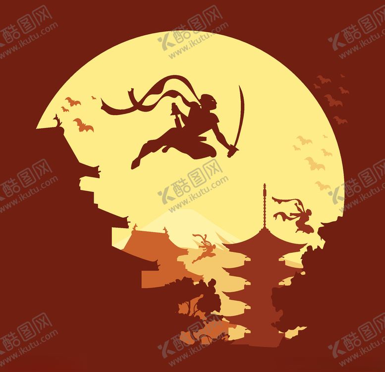 编号：26919603250855513459【酷图网】源文件下载-和风元素武士忍者月黑风高跳跃
