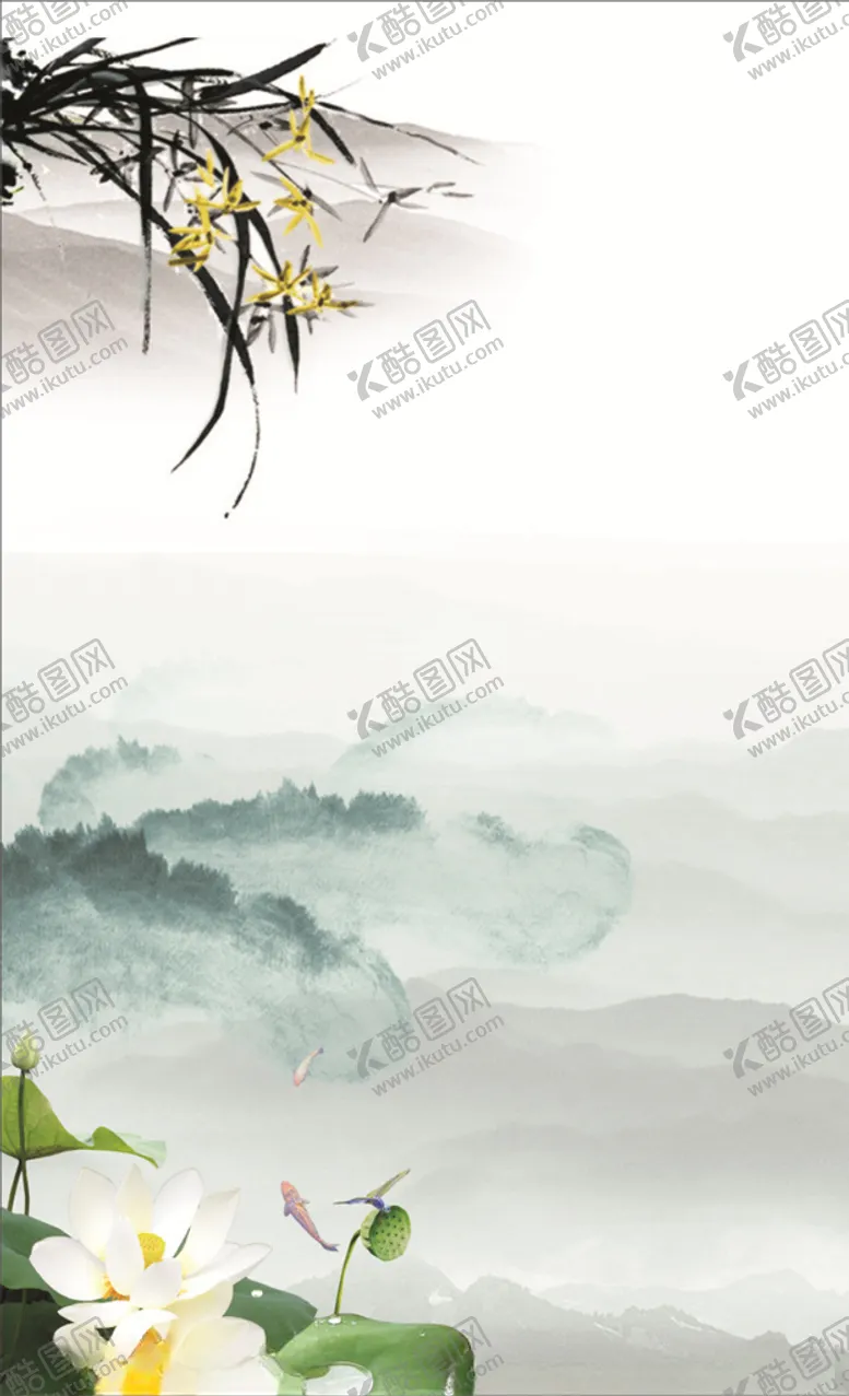 百合花水墨画壁画山水装饰画国画山水画