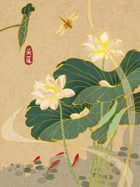 水墨荷塘间的蜻蜓与游鱼