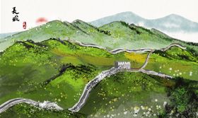 长城景点国风插画卡通背景