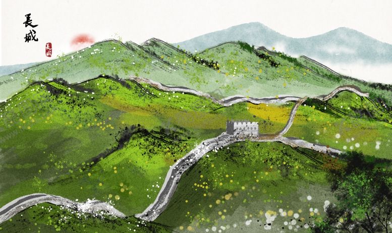 编号：40963710251040423472【酷图网】源文件下载-长城景点国风插画卡通背景