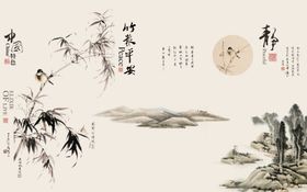 竹报平安环境设计玉雕山水画客厅壁画沙发背景图