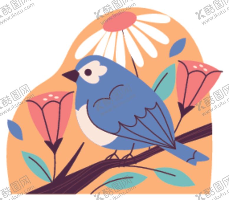编号：97704104171406054367【酷图网】源文件下载-枝头蓝鸟与花卉插画