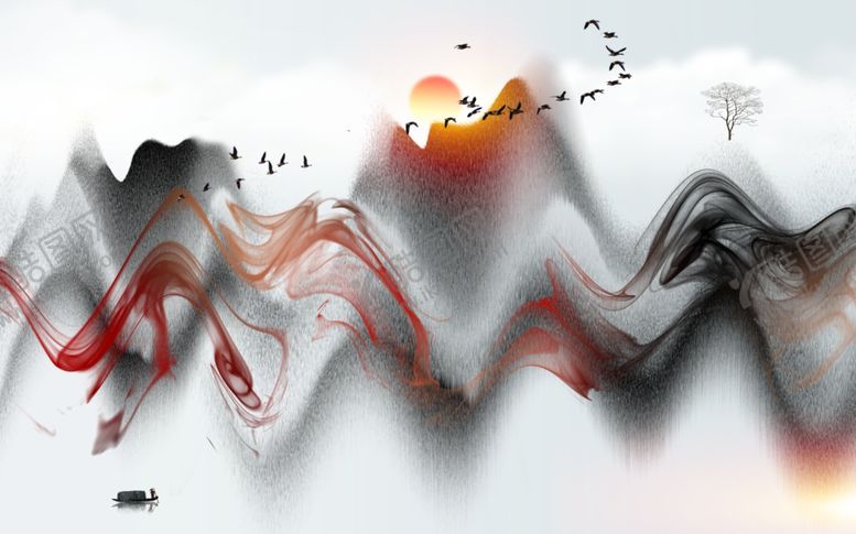 编号：10698309241218125028【酷图网】源文件下载-水墨画小船飘带大雁树