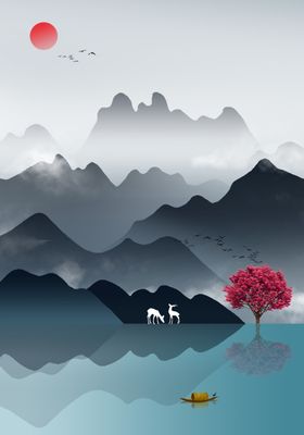 新中式意境山水玄关画