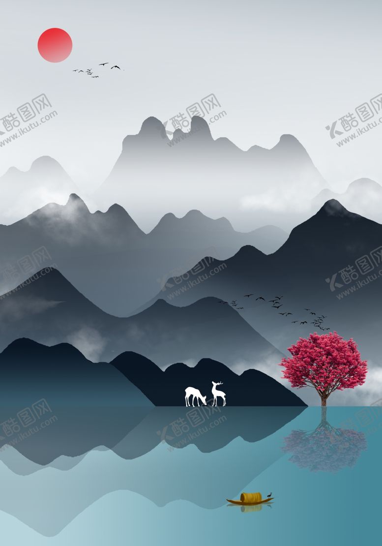 编号：97552909200009199726【酷图网】源文件下载-新中式意境山水玄关画