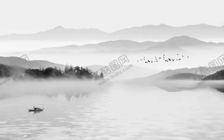 编号：46394607012325165465【酷图网】源文件下载-水墨山水小船背景墙