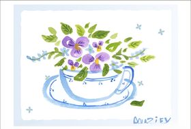 茶杯中的紫色花水彩画