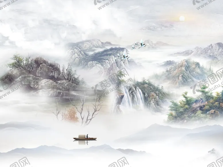 编号：79266806242317564691【酷图网】源文件下载-水墨山水小船鹤背景墙