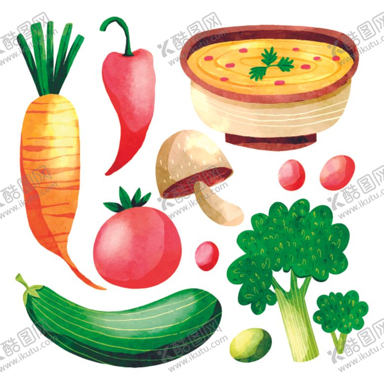 编号：25714603062022144268【酷图网】源文件下载-水彩手绘蔬菜食材与汤插画