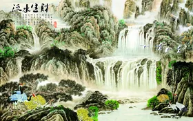 流水生财电视背景墙图电视柜台面3D壁画现代背景墙图