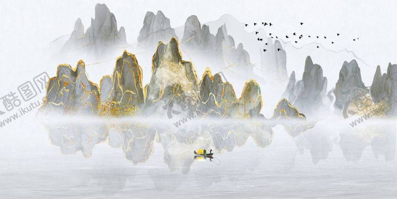 编号：55368804041104359073【酷图网】源文件下载-水墨山水间的孤舟意境