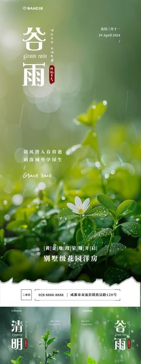清明谷雨节气海报二十四简约春天植物
