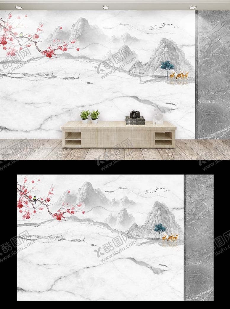 编号：60203110120434224525【酷图网】源文件下载-新中式水墨山水石纹背景墙