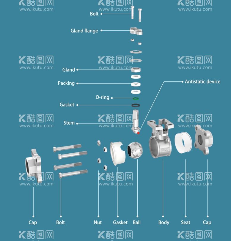 编号：17786311262257138612【酷图网】源文件下载-螺纹球阀爆炸图-英文版