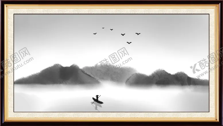 编号：19772709151029394210【酷图网】源文件下载-水墨山水小船大雁背景墙