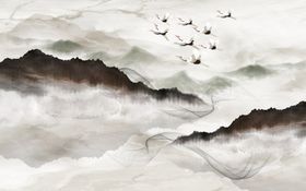 新中式禅意山水仙鹤背景画
