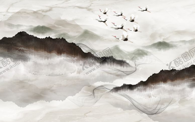 编号：36545810311327163425【酷图网】源文件下载-新中式禅意山水仙鹤背景画