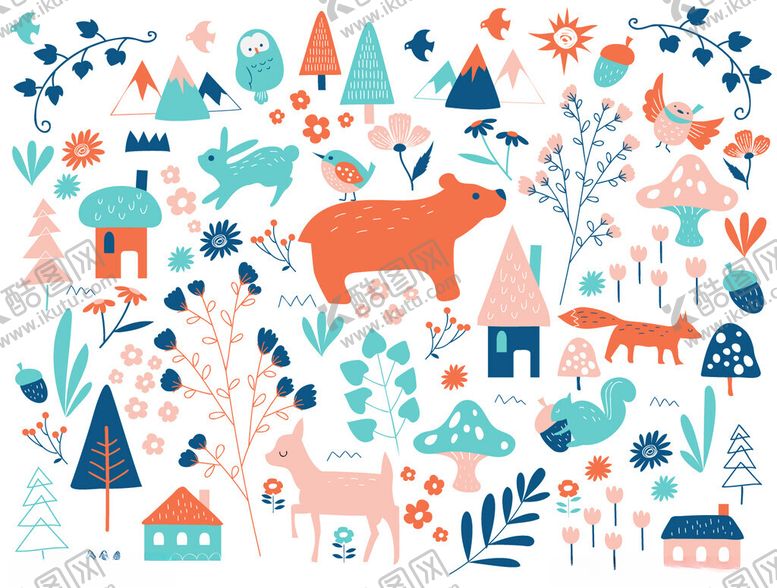 编号：48383209211616484159【酷图网】源文件下载-可爱森林动物与房屋插画